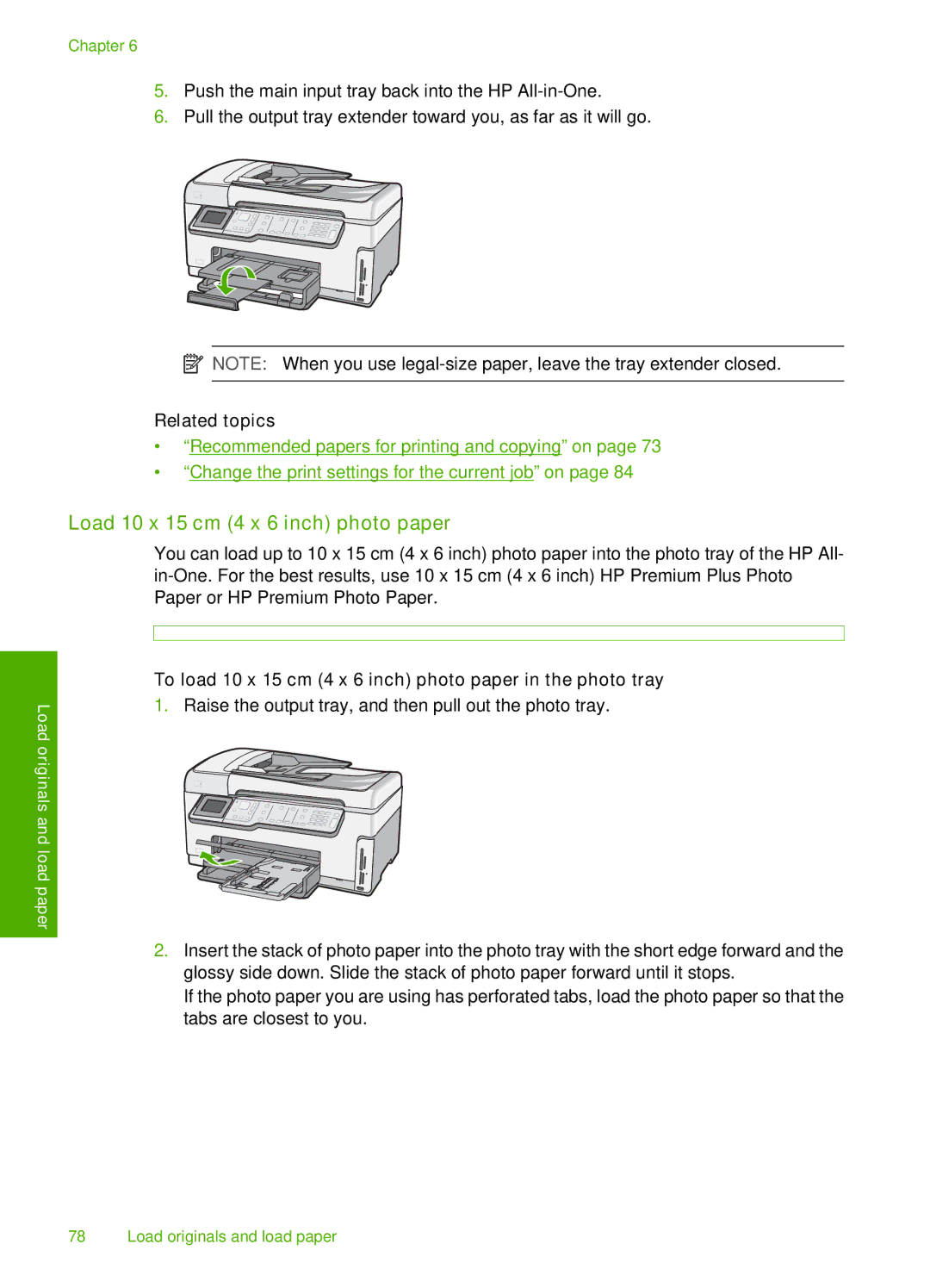 HP C7288, C7250, C7280 Load 10 x 15 cm 4 x 6 inch photo paper, To load 10 x 15 cm 4 x 6 inch photo paper in the photo tray 