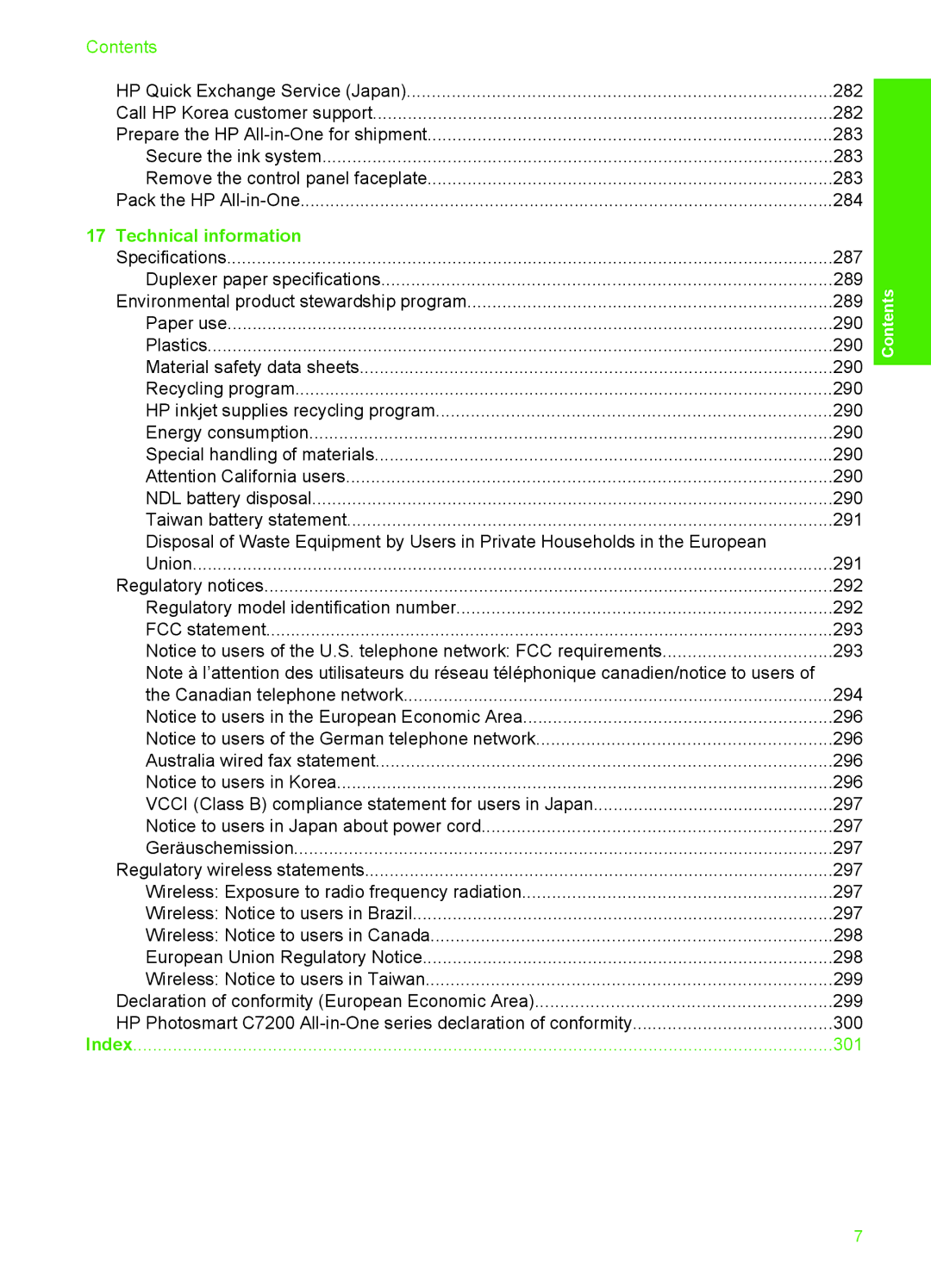 HP C7280, C7250, C7288 manual Technical information, Index 