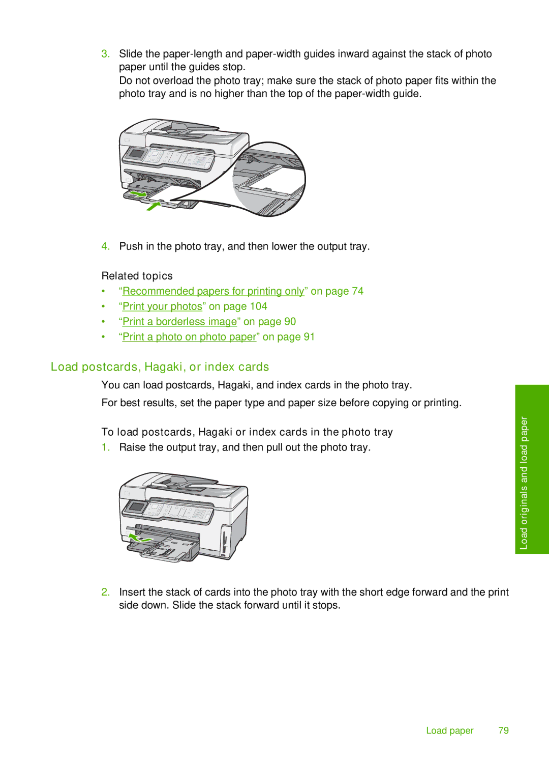 HP C7280, C7250, C7288 Load postcards, Hagaki, or index cards, To load postcards, Hagaki or index cards in the photo tray 