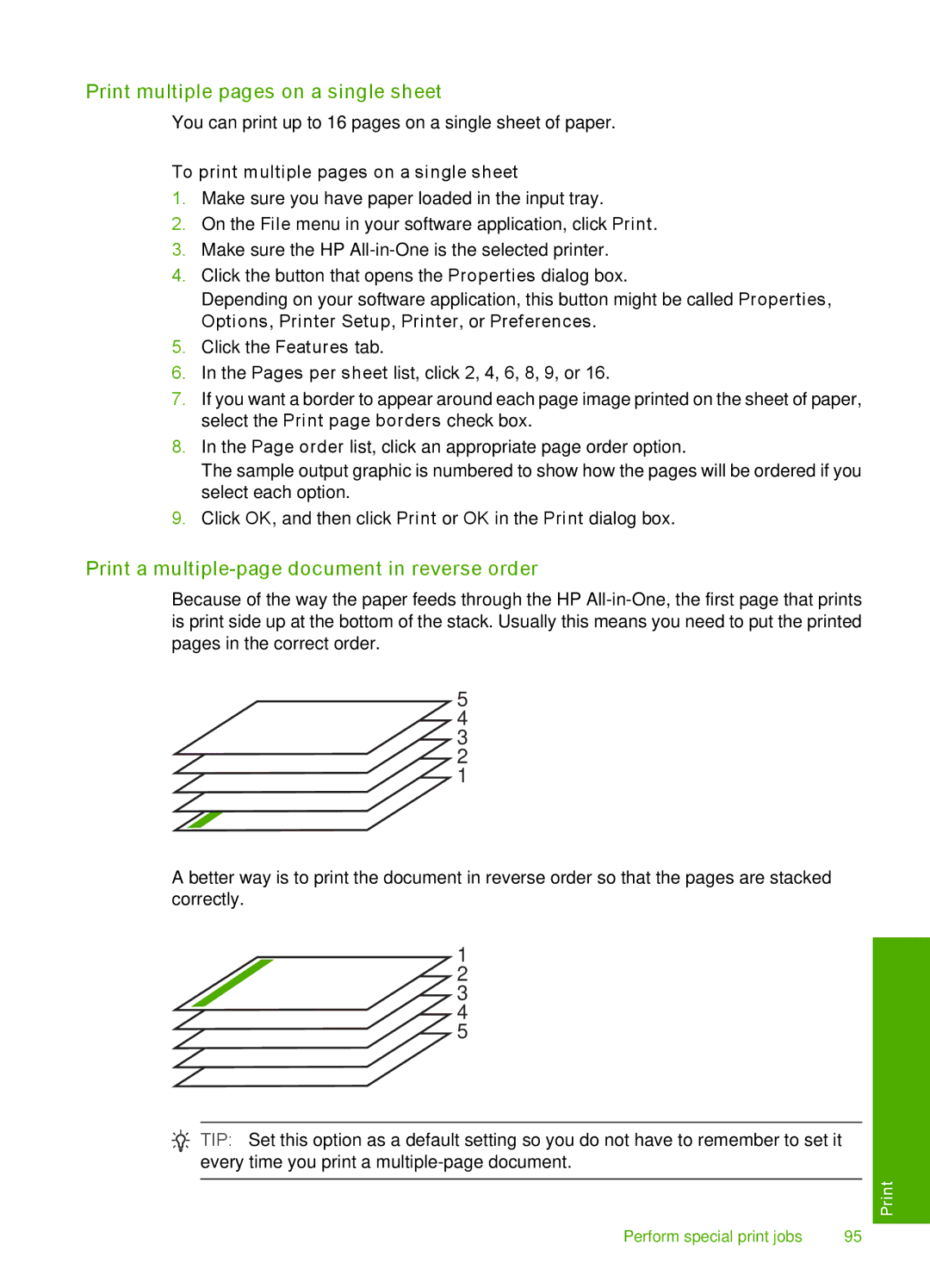 HP C7250, C7288, C7280 manual Print multiple pages on a single sheet, Print a multiple-page document in reverse order 