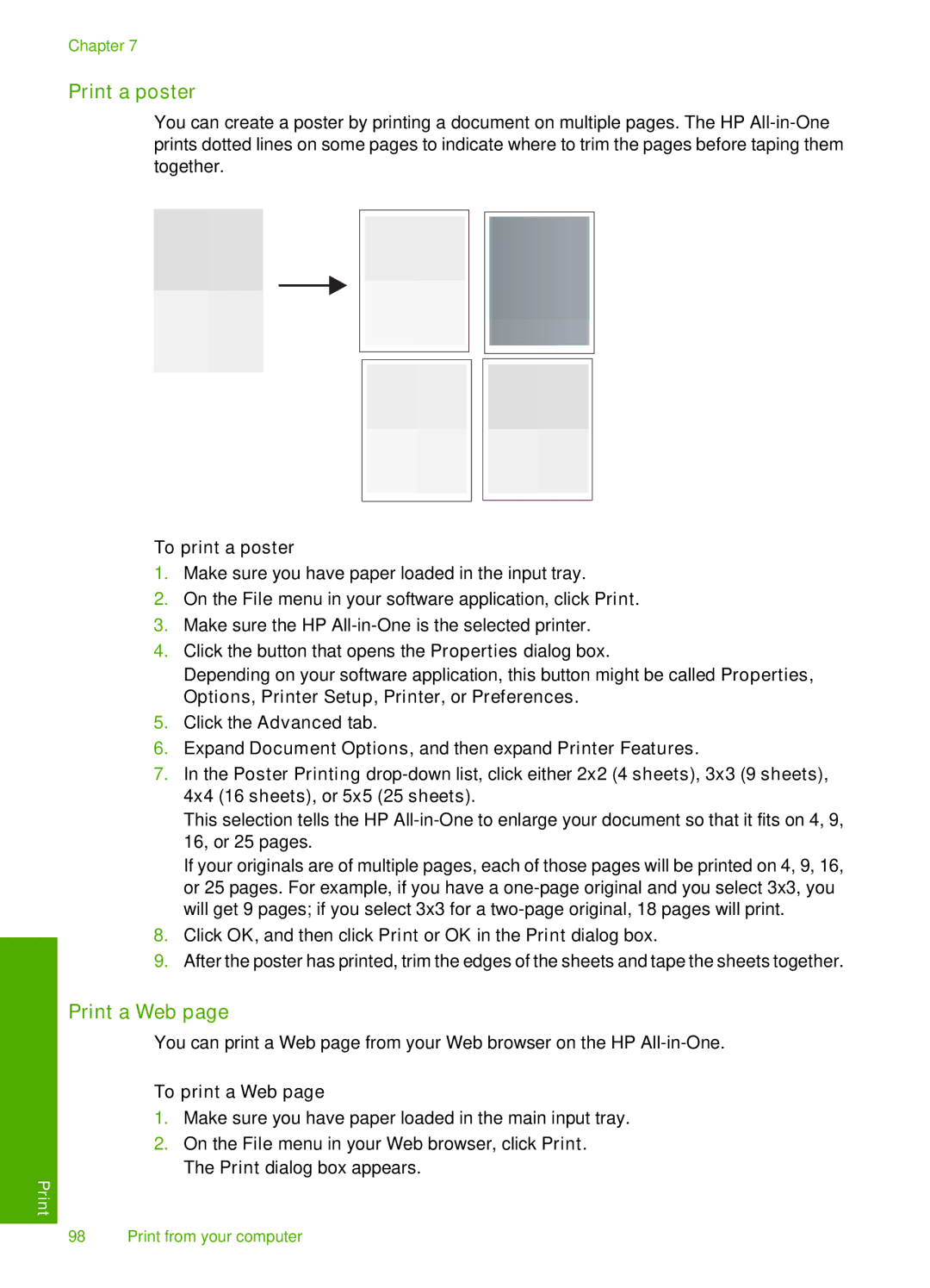 HP C7250, C7288 Print a poster, Print a Web, To print a poster, Expand Document Options, and then expand Printer Features 