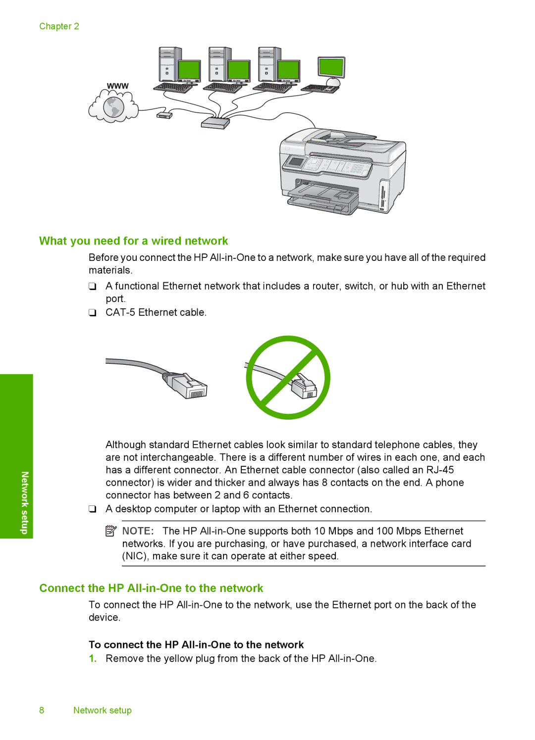 HP C7288, C7250, C7280 manual What you need for a wired network, Connect the HP All-in-One to the network 