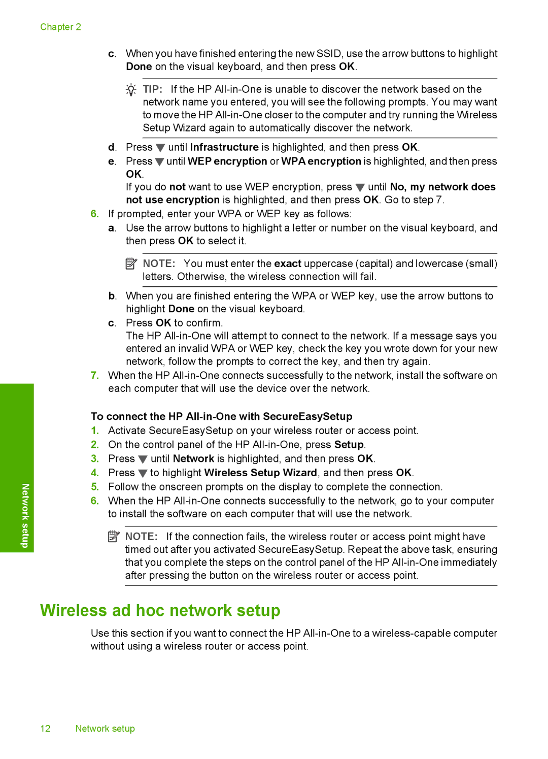 HP C7280, C7250, C7288 manual Wireless ad hoc network setup, To connect the HP All-in-One with SecureEasySetup 