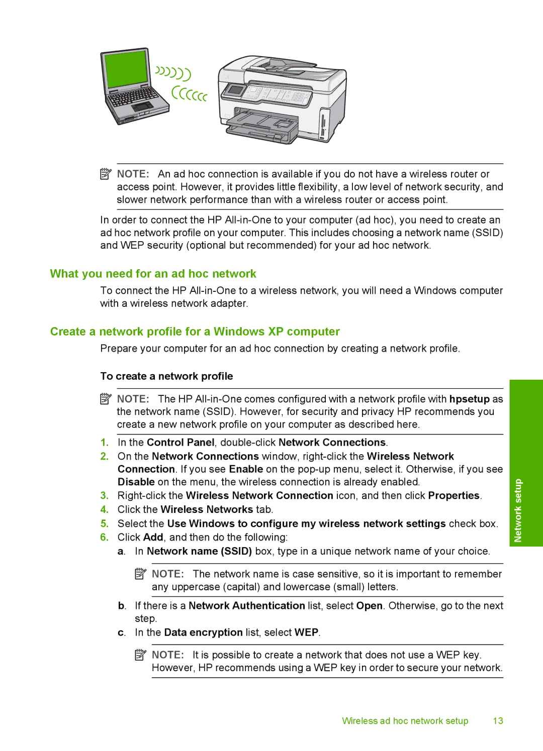 HP C7250, C7288, C7280 manual What you need for an ad hoc network, Create a network profile for a Windows XP computer 