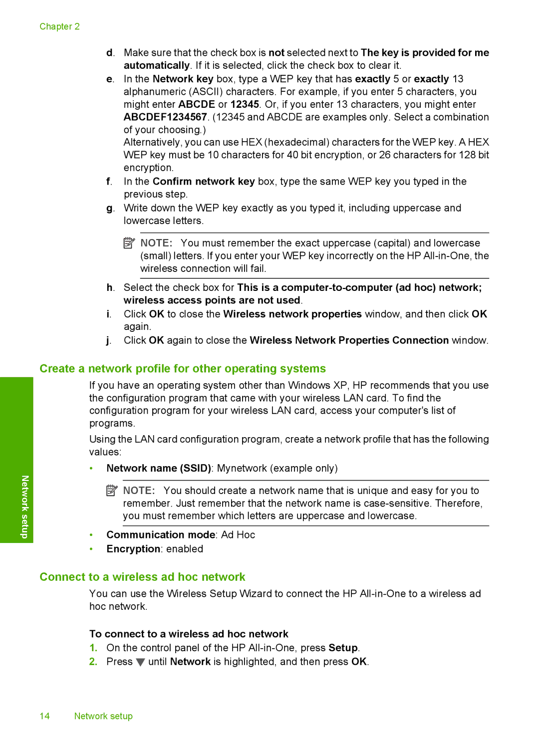 HP C7288, C7250, C7280 manual Create a network profile for other operating systems, Connect to a wireless ad hoc network 