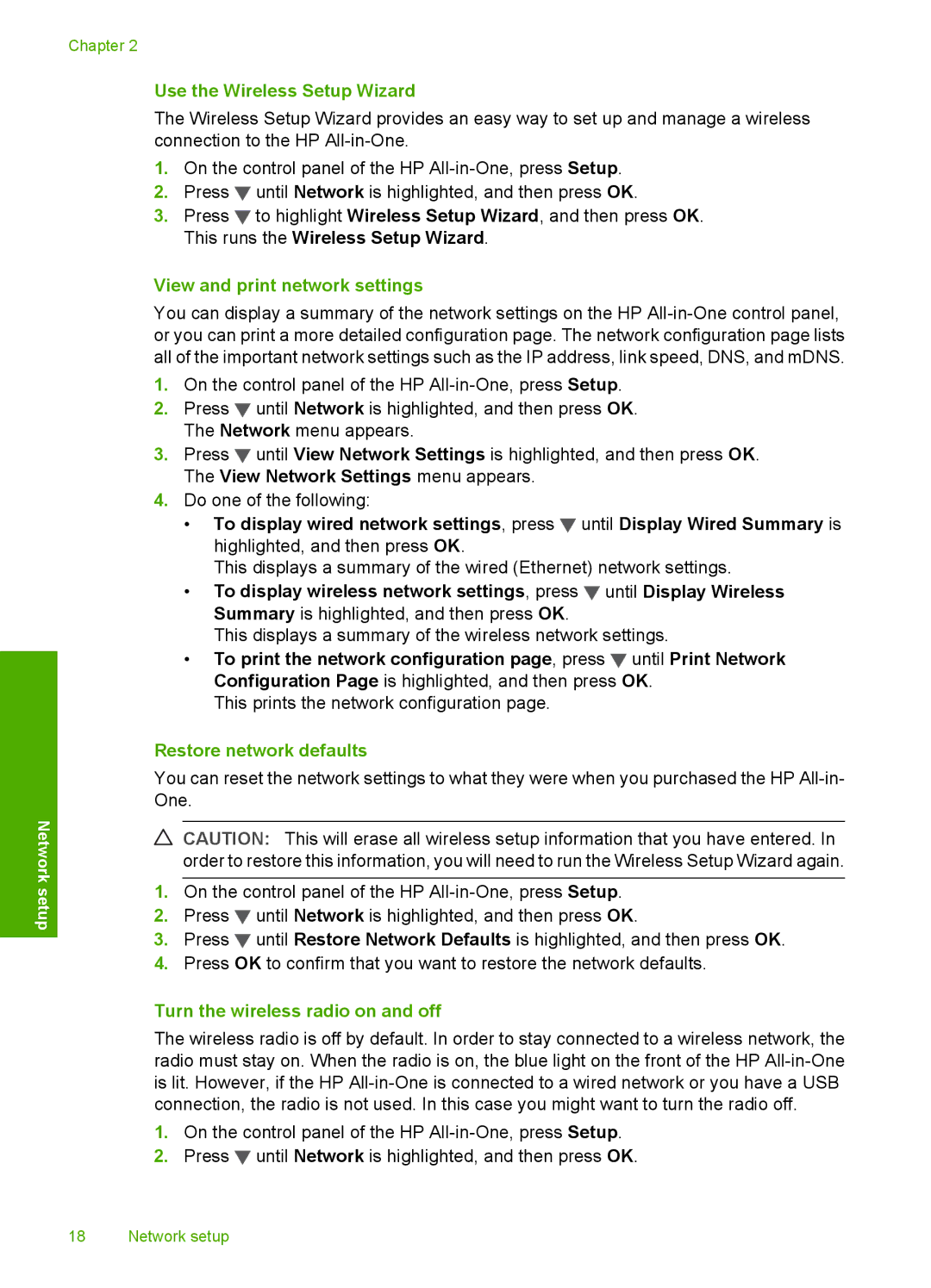 HP C7280, C7250, C7288 manual Use the Wireless Setup Wizard, View and print network settings, Restore network defaults 