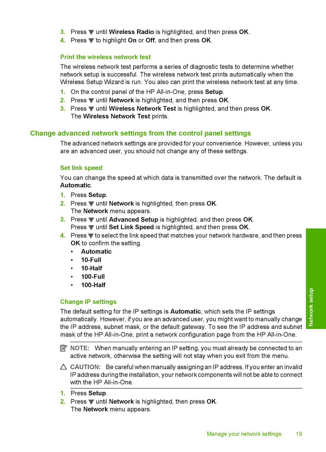 HP C7250, C7288, C7280 manual Print the wireless network test, Set link speed, Automatic Full Half, Change IP settings 