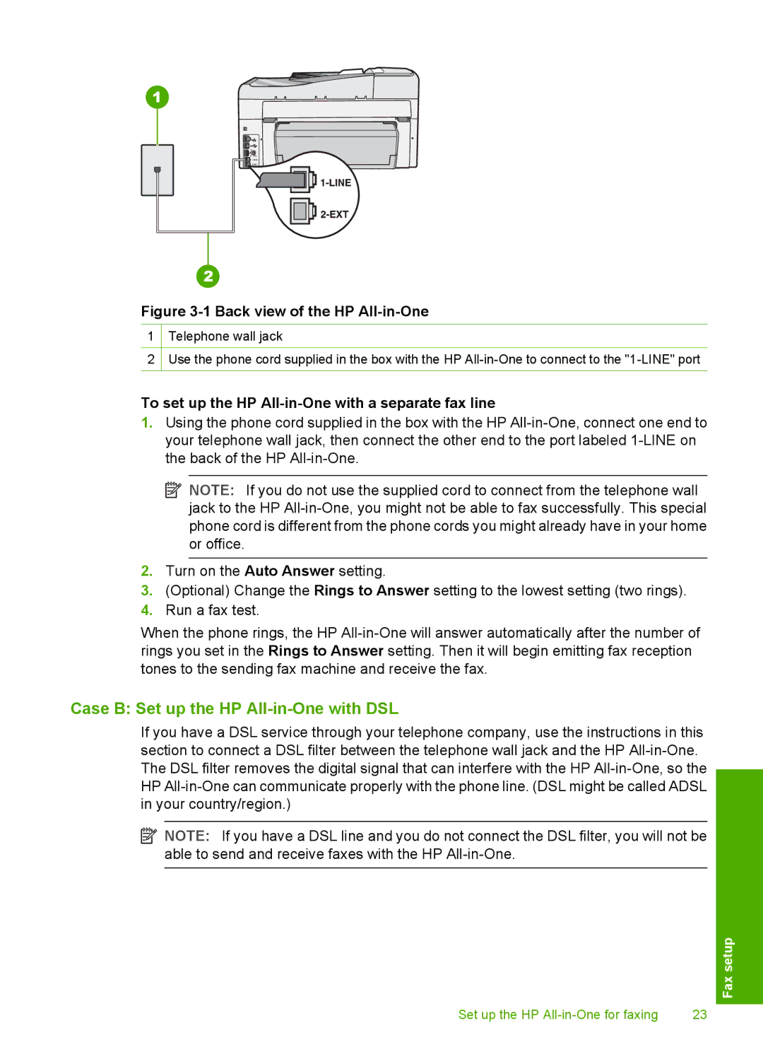 HP C7288, C7250, C7280 manual Case B Set up the HP All-in-One with DSL, To set up the HP All-in-One with a separate fax line 