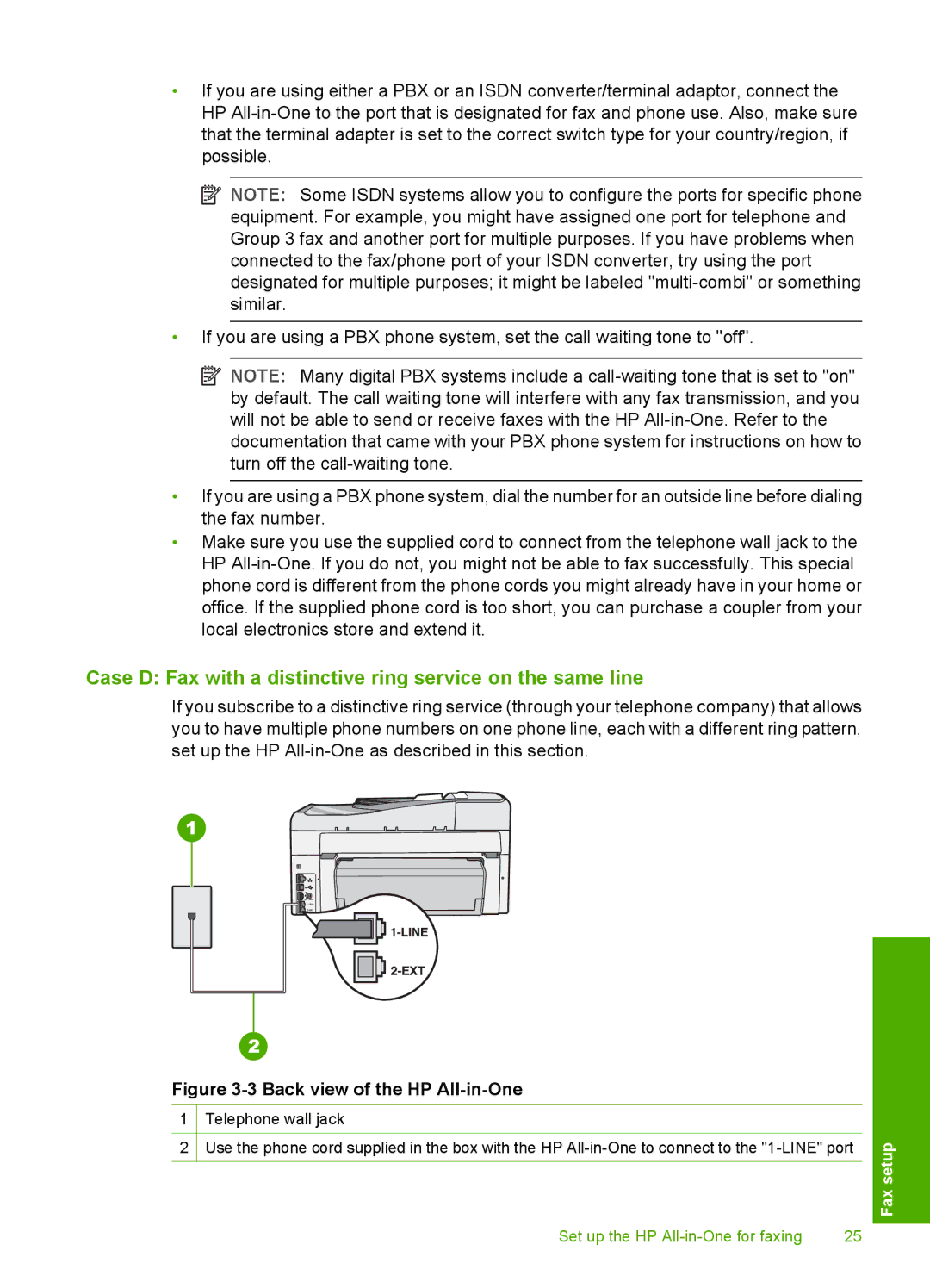 HP C7250, C7288, C7280 manual Case D Fax with a distinctive ring service on the same line 