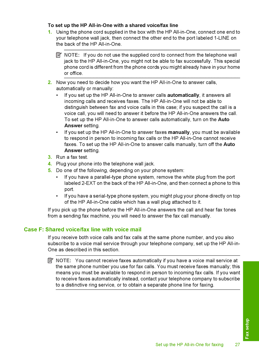 HP C7280, C7250 Case F Shared voice/fax line with voice mail, To set up the HP All-in-One with a shared voice/fax line 
