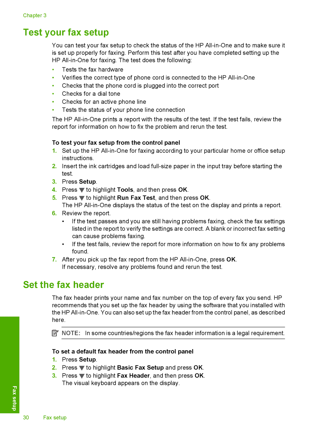 HP C7280, C7250, C7288 manual Test your fax setup, Set the fax header, To test your fax setup from the control panel 