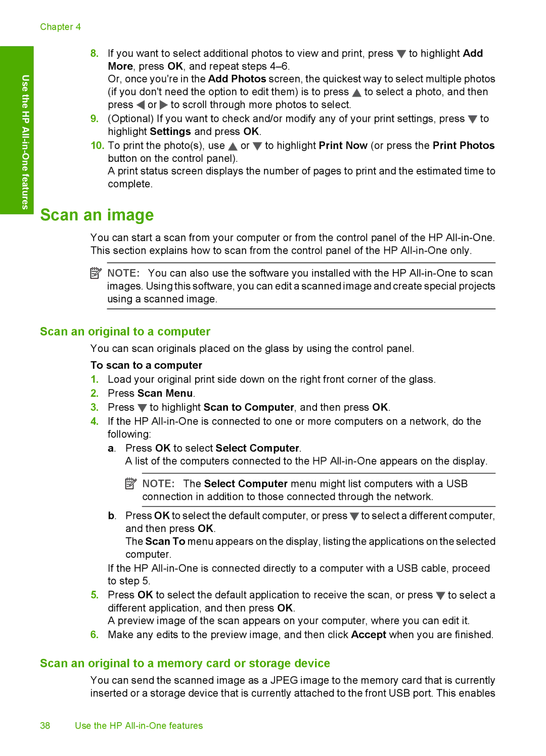 HP C7288, C7250, C7280 Scan an image, Scan an original to a computer, Scan an original to a memory card or storage device 