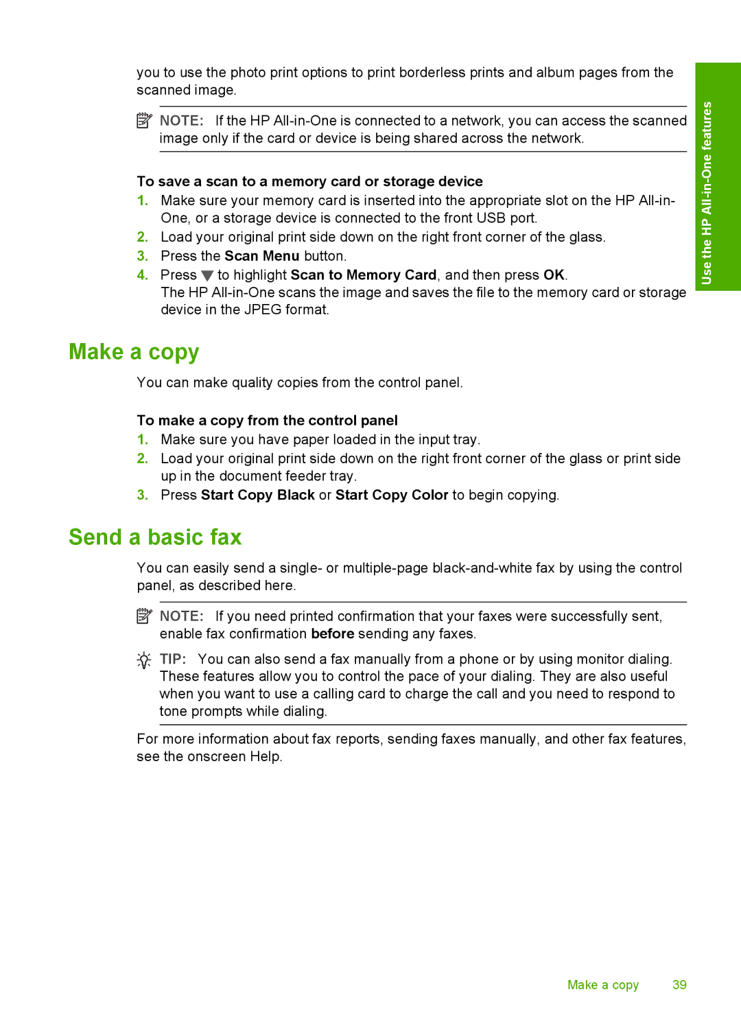 HP C7280, C7250, C7288 manual Make a copy, Send a basic fax, To save a scan to a memory card or storage device 