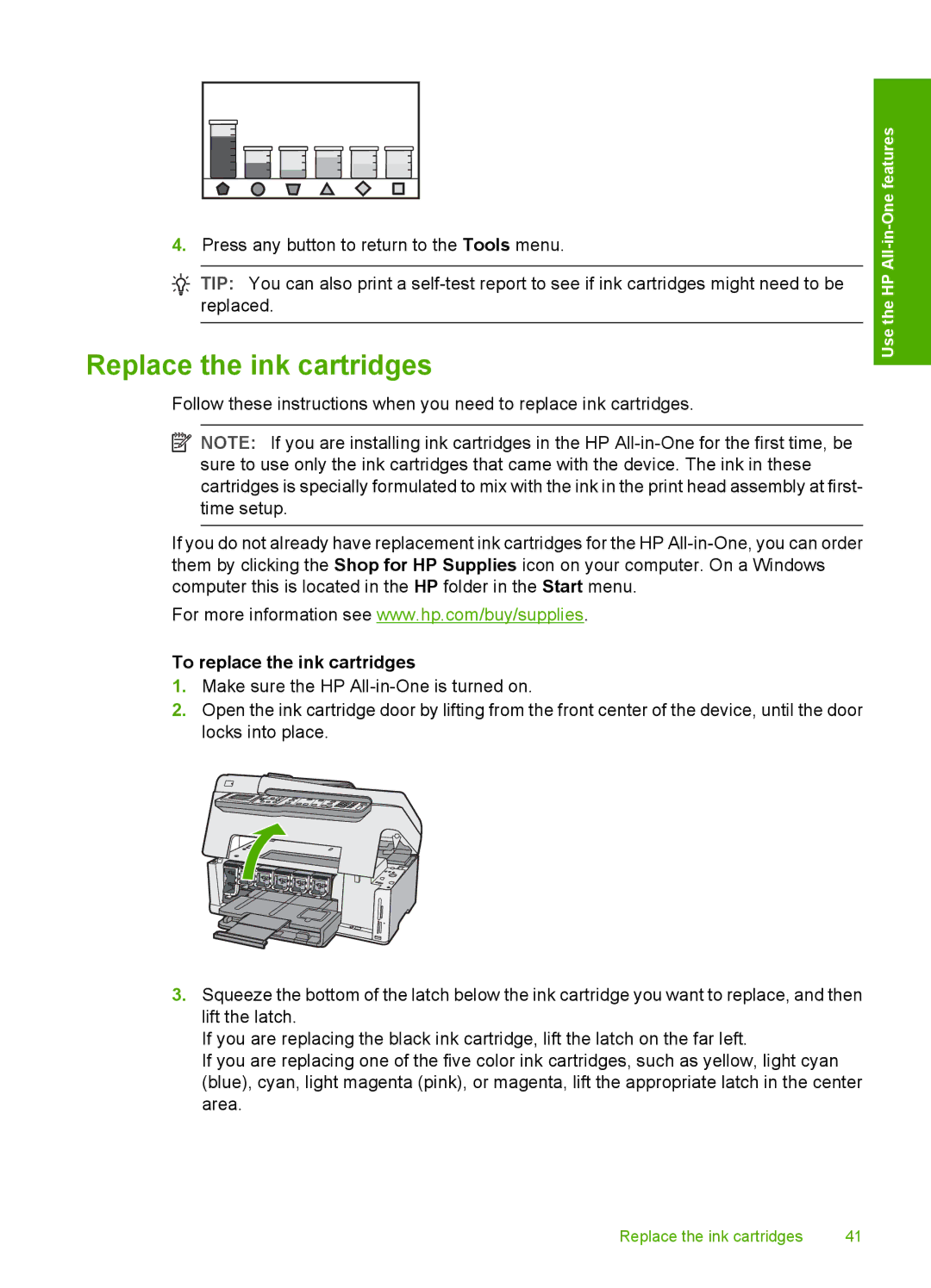 HP C7288, C7250, C7280 manual Replace the ink cartridges, To replace the ink cartridges 