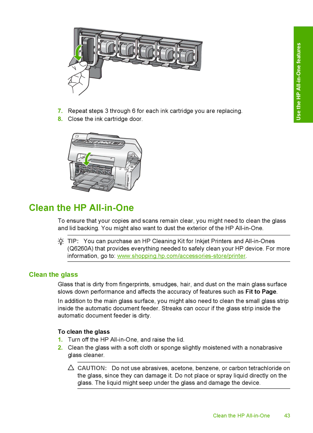 HP C7250, C7288, C7280 manual Clean the HP All-in-One, Clean the glass, To clean the glass 