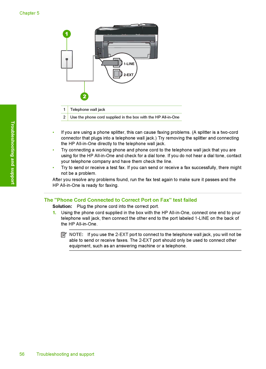 HP C7288, C7250, C7280 manual Phone Cord Connected to Correct Port on Fax test failed 