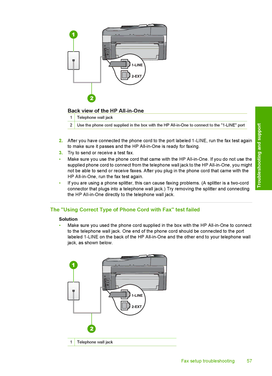 HP C7280, C7250, C7288 manual Back view of the HP All-in-One, Using Correct Type of Phone Cord with Fax test failed 