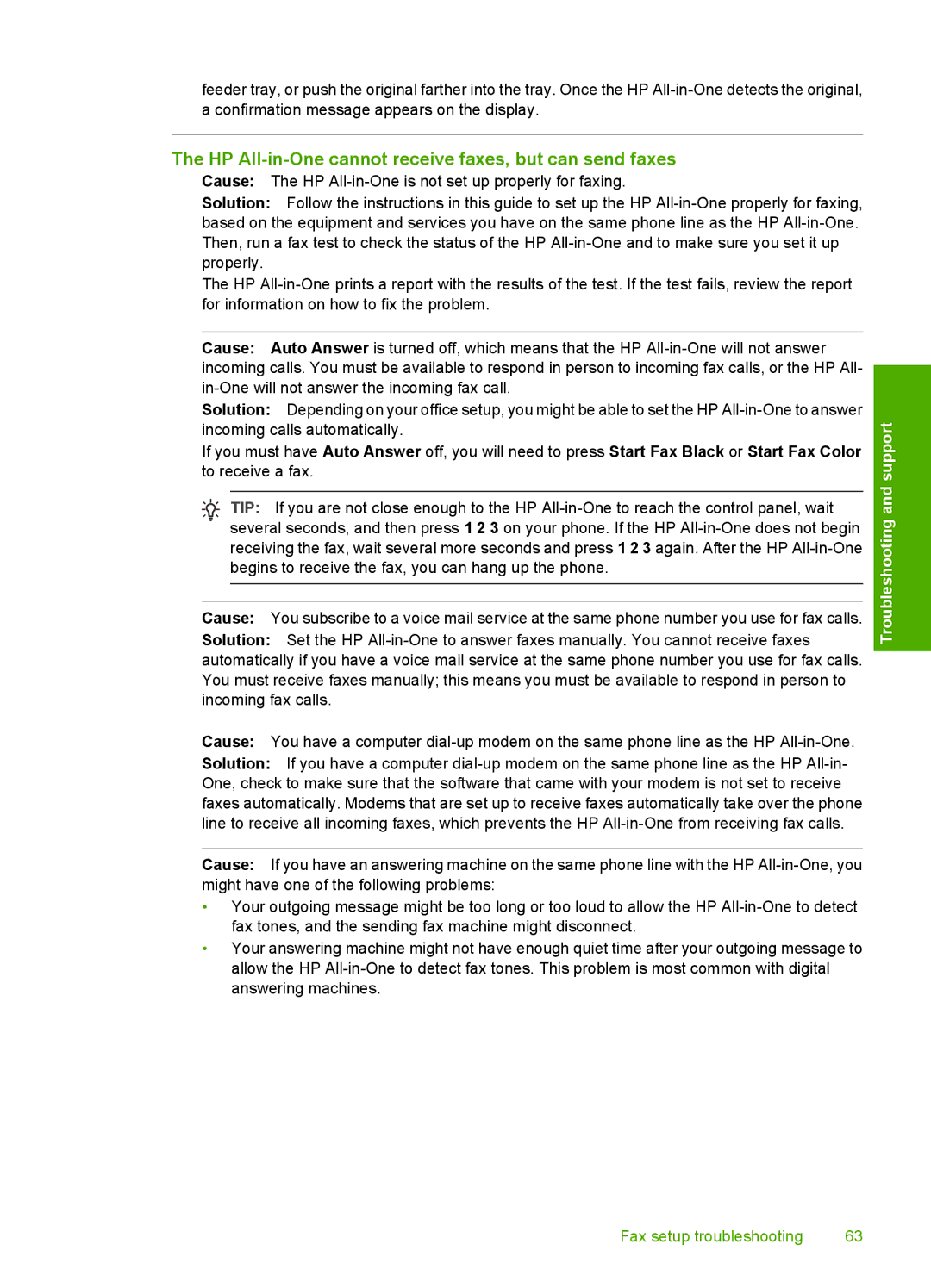 HP C7280, C7250, C7288 manual HP All-in-One cannot receive faxes, but can send faxes 