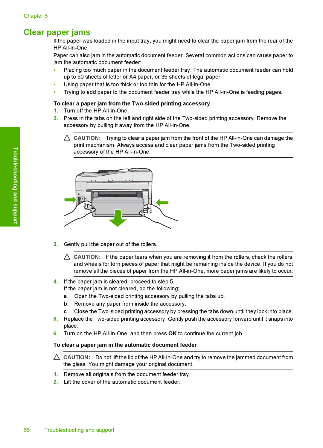 HP C7280, C7250, C7288 manual Clear paper jams, To clear a paper jam from the Two-sided printing accessory 