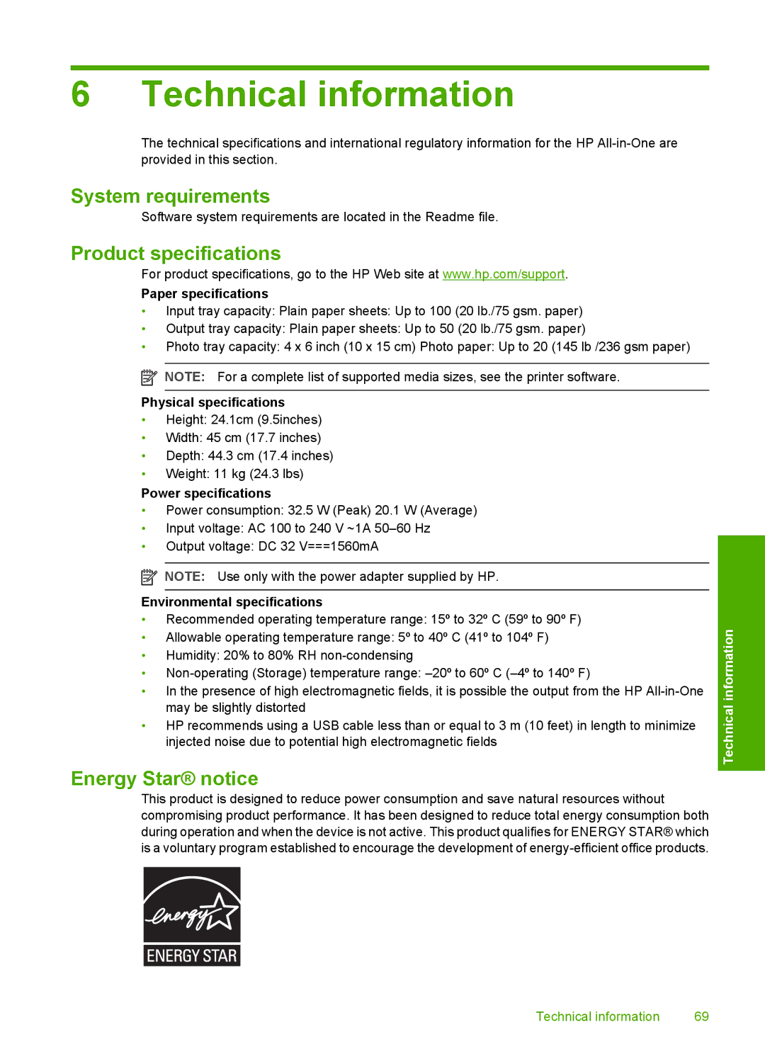 HP C7280, C7250, C7288 manual System requirements, Product specifications, Energy Star notice 