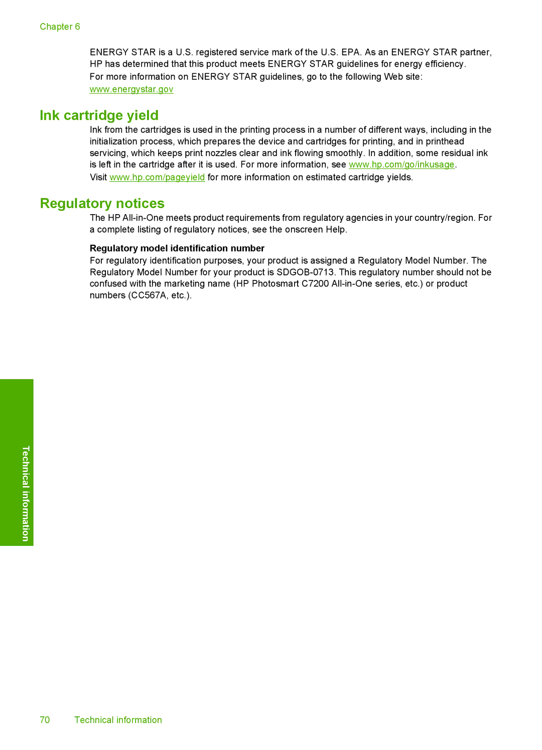 HP C7250, C7288, C7280 manual Ink cartridge yield Regulatory notices, Regulatory model identification number 