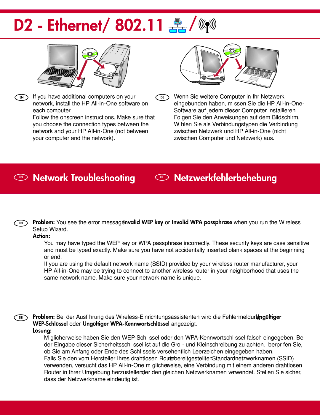 HP C7280 manual D2 Ethernet, EN Network Troubleshooting DE Netzwerkfehlerbehebung 