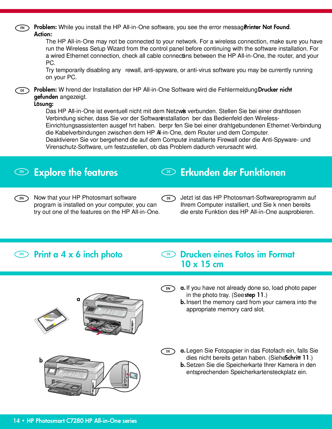 HP C7280 manual EN Explore the features DE Erkunden der Funktionen, Print a 4 x 6 inch photo 