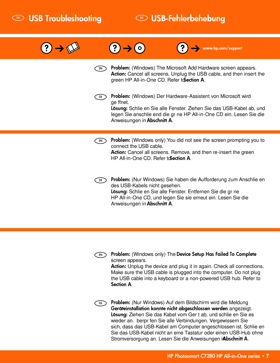 HP C7280 manual EN USB Troubleshooting, DE USB-Fehlerbehebung 
