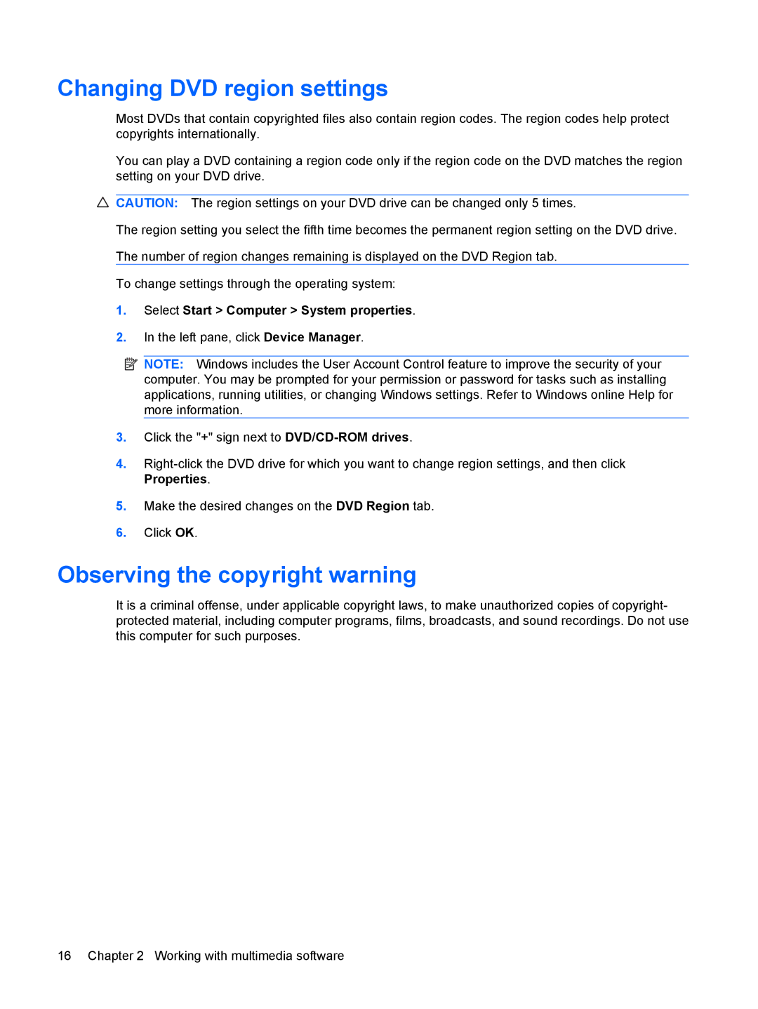 HP C775TU, C732XX, C753TU, C754CA, C751NR, C750TU, C750LA, C749TU Changing DVD region settings, Observing the copyright warning 