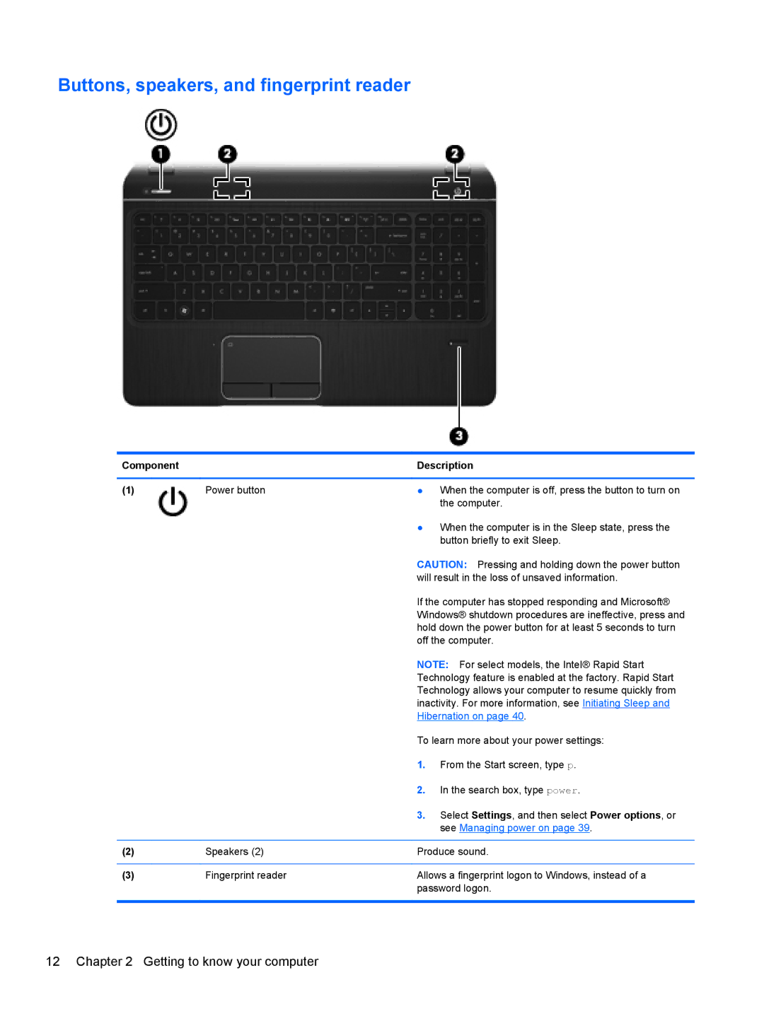 HP C2M17UA#ABA, C7S02UA#ABA, C2L36UA#ABA manual Buttons, speakers, and fingerprint reader, Hibernation on 