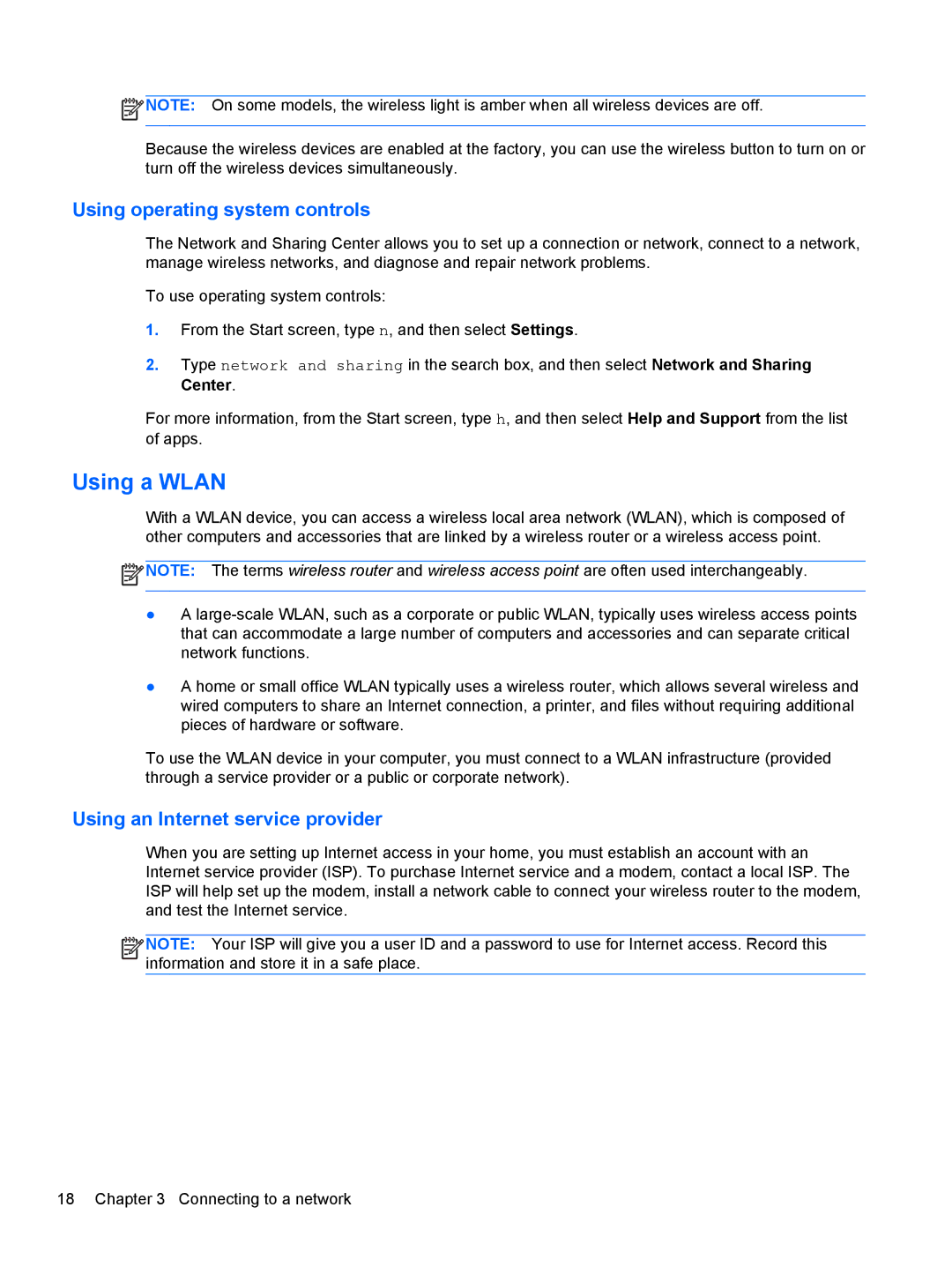 HP C2M17UA#ABA, C7S02UA#ABA, C2L36UA#ABA Using a Wlan, Using operating system controls, Using an Internet service provider 