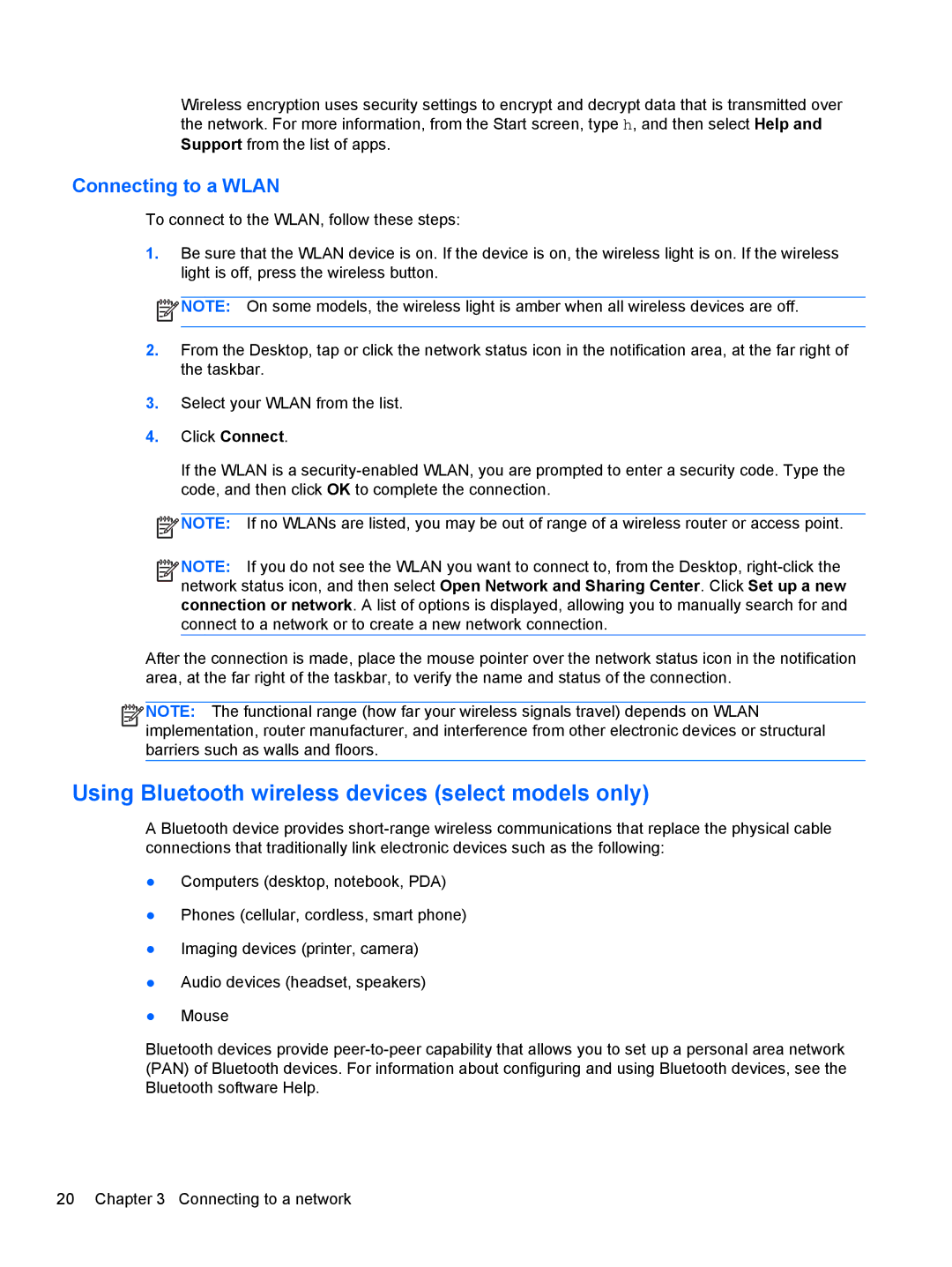 HP C7S02UA#ABA, C2M17UA#ABA, C2L36UA#ABA manual Using Bluetooth wireless devices select models only, Connecting to a Wlan 