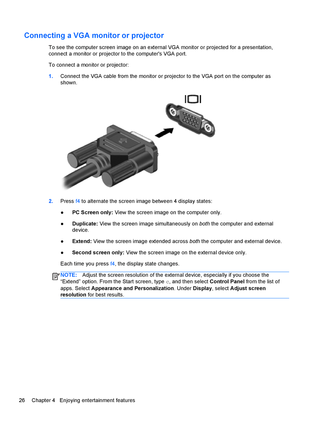 HP C7S02UA#ABA, C2M17UA#ABA, C2L36UA#ABA manual Connecting a VGA monitor or projector 