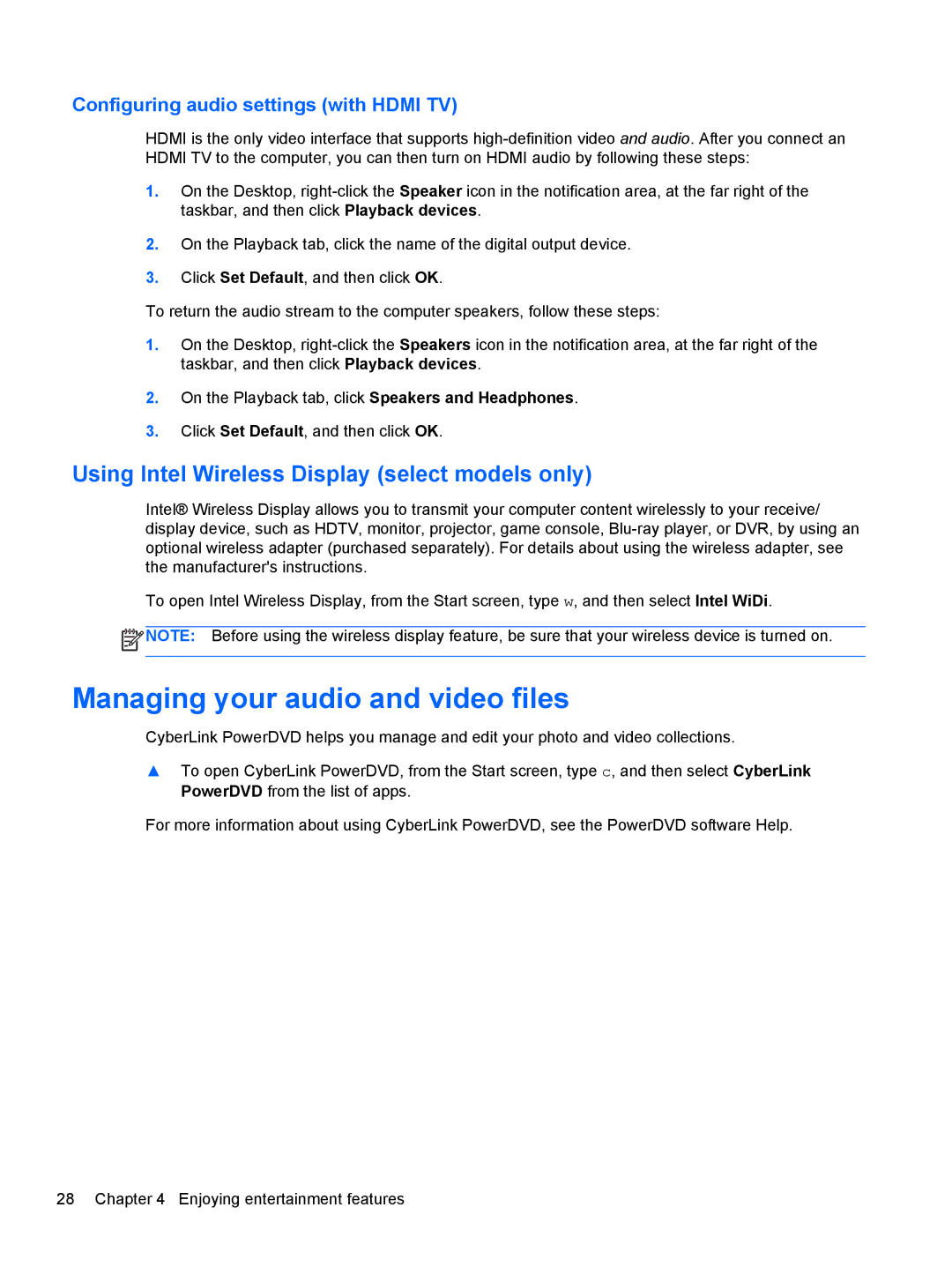 HP C2L36UA#ABA, C7S02UA#ABA manual Managing your audio and video files, Using Intel Wireless Display select models only 