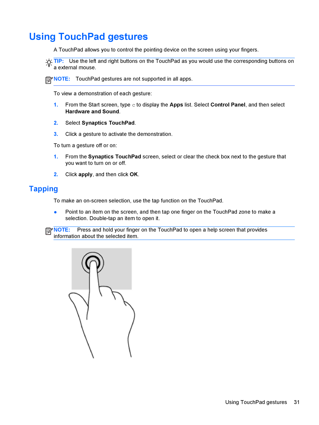 HP C2L36UA#ABA, C7S02UA#ABA, C2M17UA#ABA manual Using TouchPad gestures, Tapping 