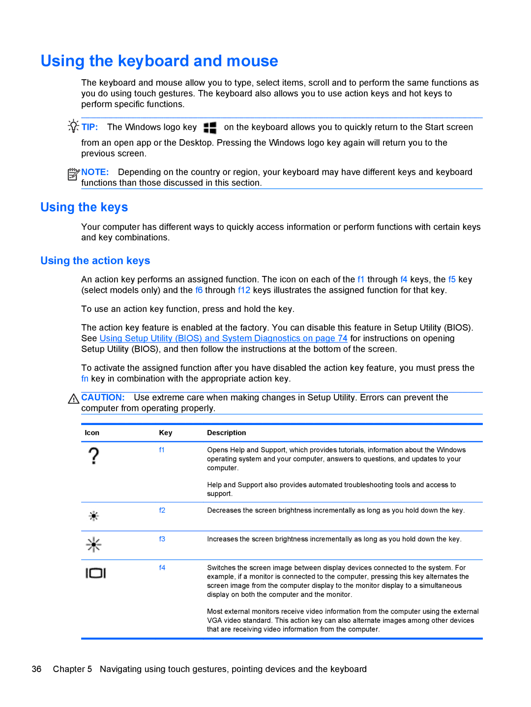 HP C2M17UA#ABA, C7S02UA#ABA manual Using the keyboard and mouse, Using the keys, Using the action keys, Icon Key Description 