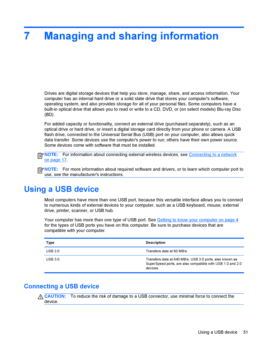 HP C2M17UA#ABA manual Managing and sharing information, Using a USB device, Connecting a USB device, Type Description 