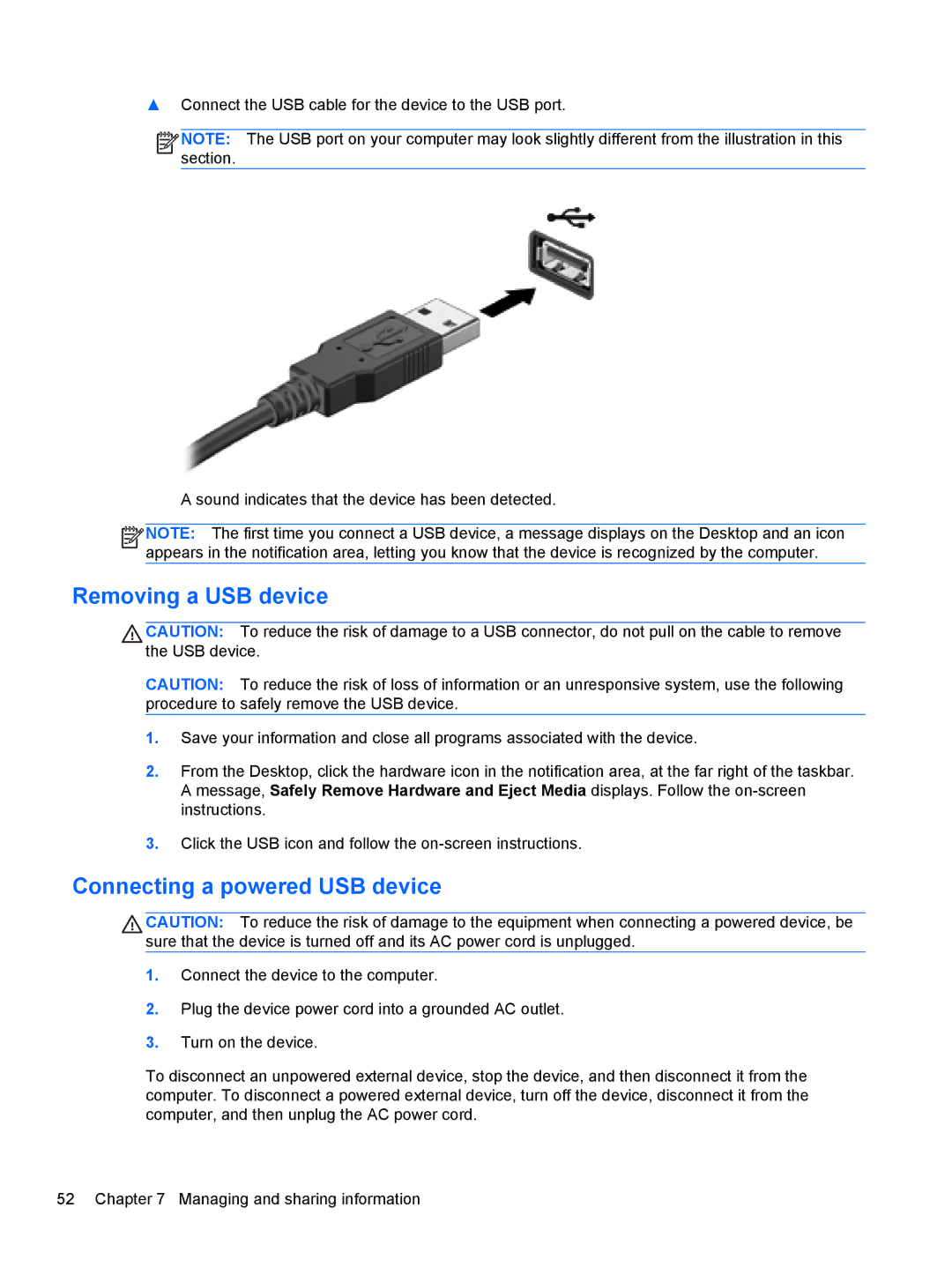 HP C2L36UA#ABA, C7S02UA#ABA, C2M17UA#ABA manual Removing a USB device, Connecting a powered USB device 