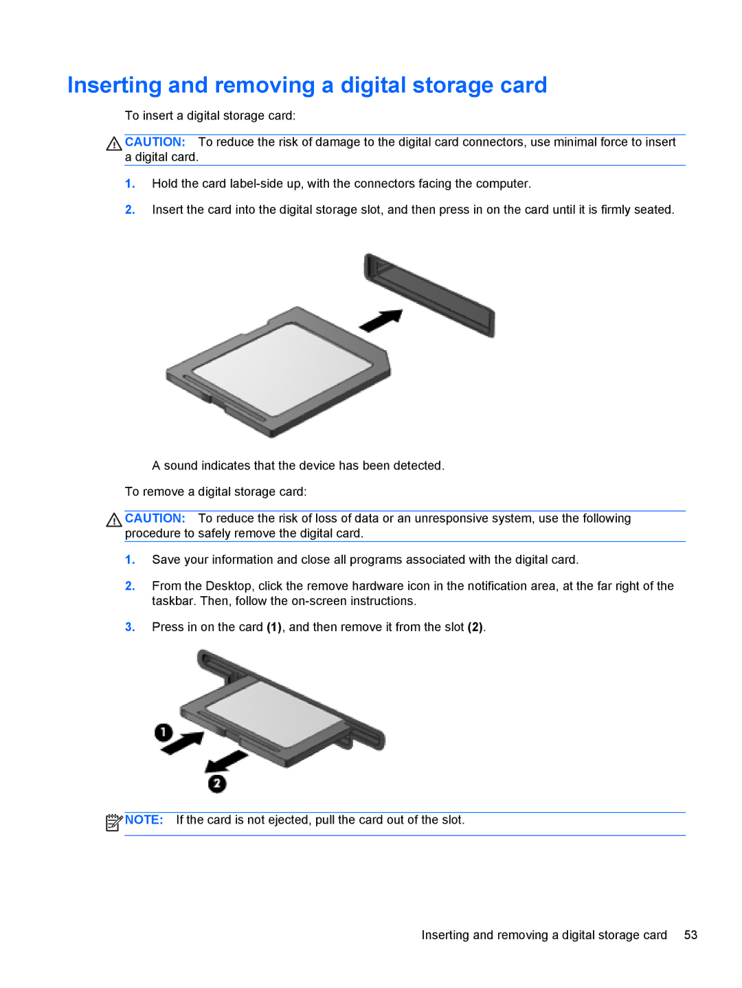 HP C7S02UA#ABA, C2M17UA#ABA, C2L36UA#ABA manual Inserting and removing a digital storage card 