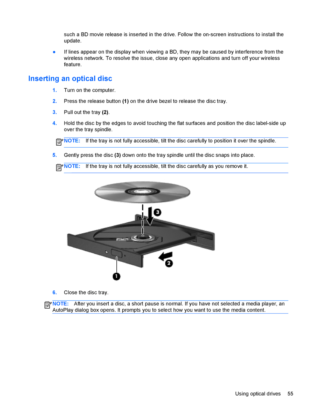 HP C2L36UA#ABA, C7S02UA#ABA, C2M17UA#ABA manual Inserting an optical disc 