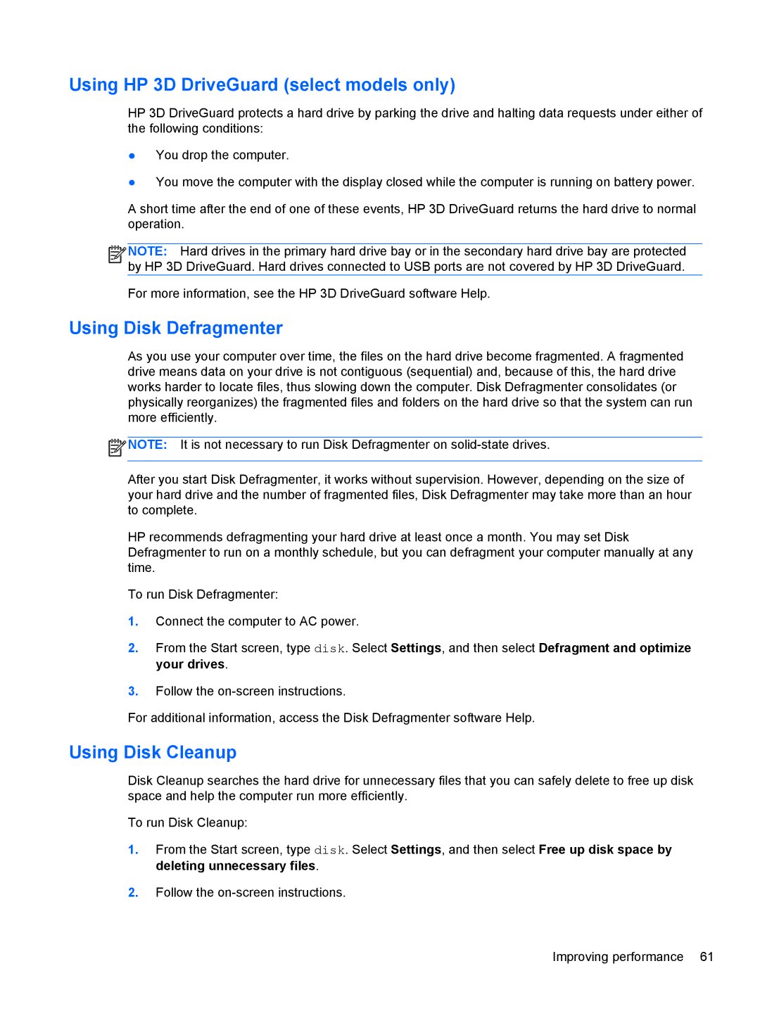 HP C2L36UA#ABA, C7S02UA#ABA manual Using HP 3D DriveGuard select models only, Using Disk Defragmenter, Using Disk Cleanup 