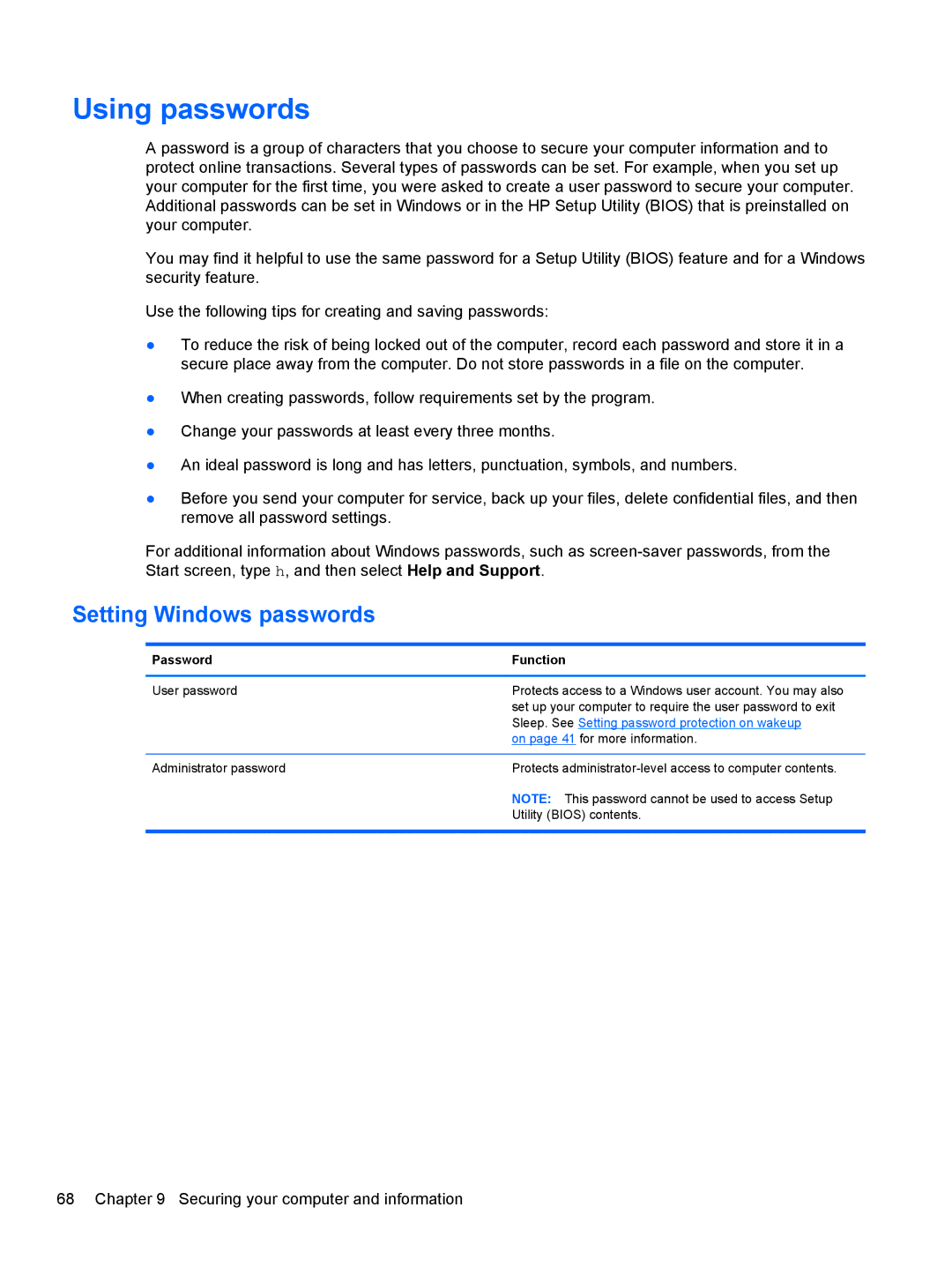 HP C7S02UA#ABA, C2M17UA#ABA, C2L36UA#ABA manual Using passwords, Setting Windows passwords, Password Function 