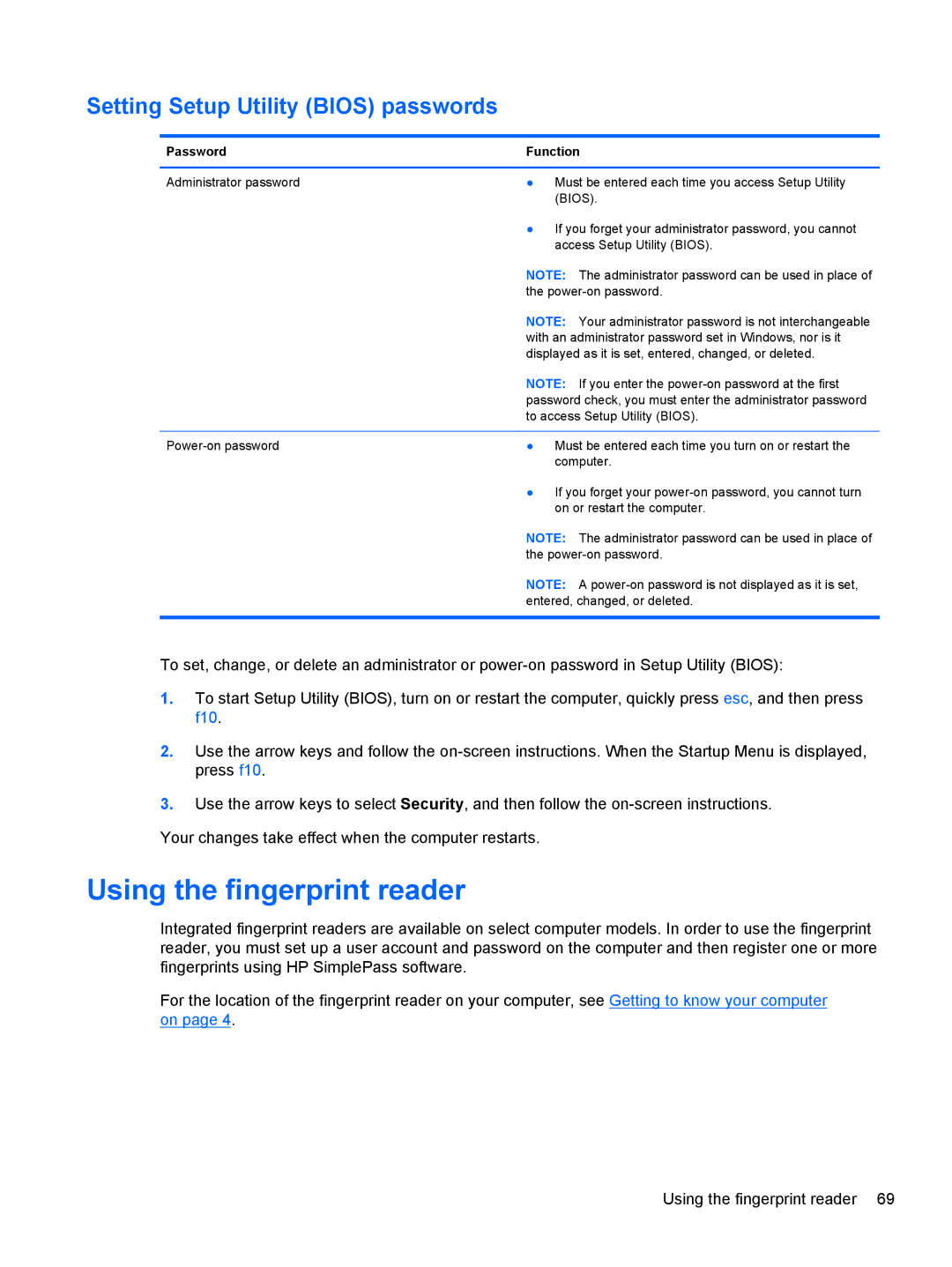 HP C2M17UA#ABA, C7S02UA#ABA, C2L36UA#ABA manual Using the fingerprint reader, Setting Setup Utility Bios passwords 