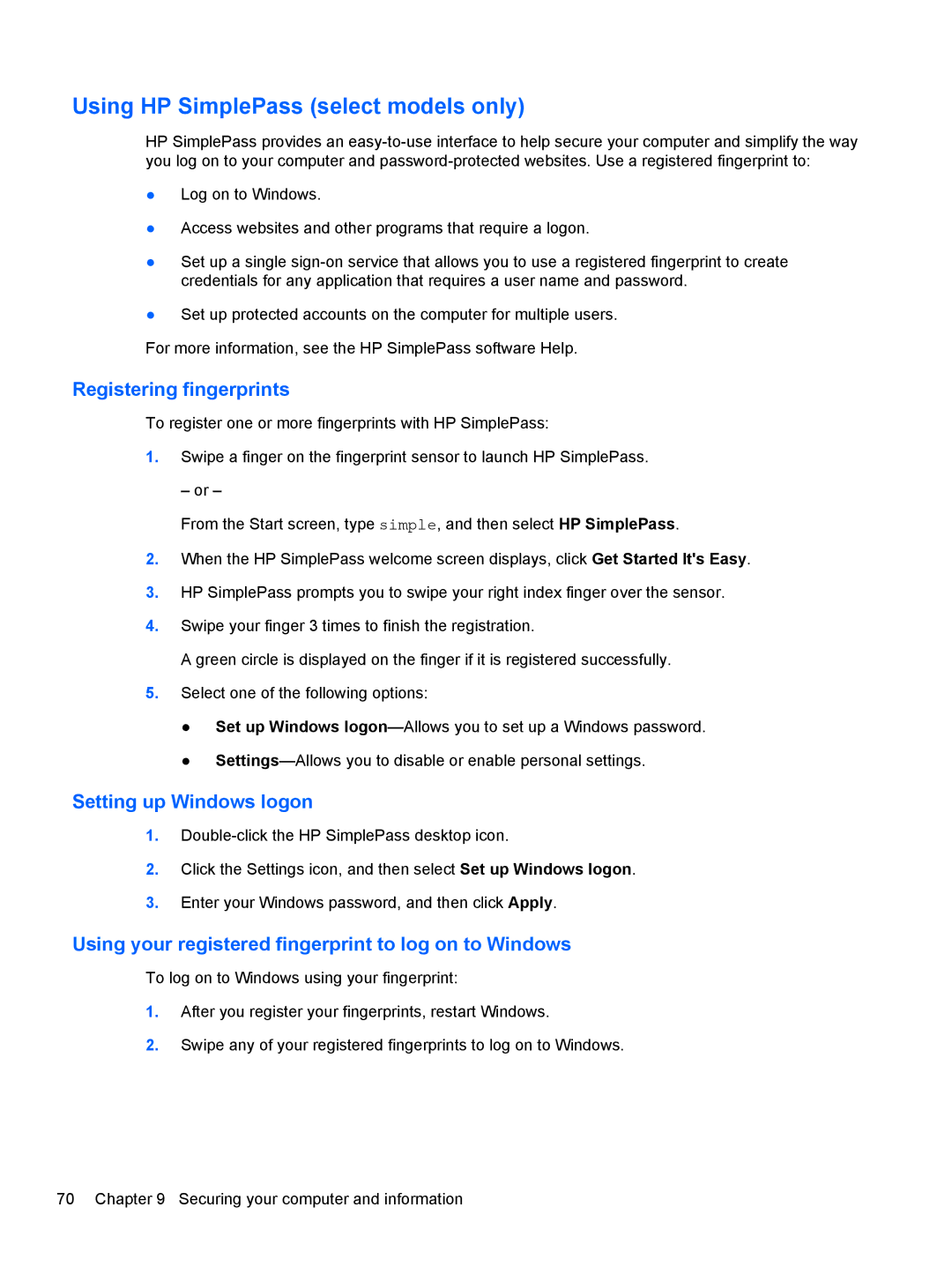 HP C2L36UA#ABA, C7S02UA#ABA Using HP SimplePass select models only, Registering fingerprints, Setting up Windows logon 