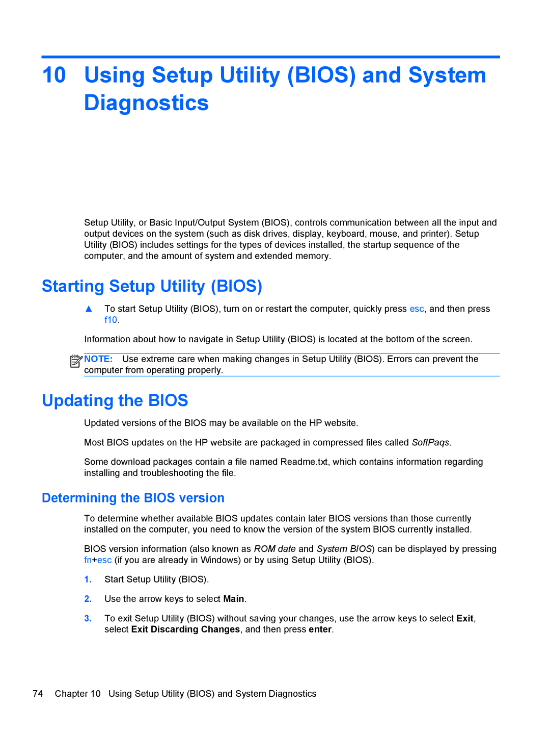 HP C7S02UA#ABA manual Using Setup Utility Bios and System Diagnostics, Starting Setup Utility Bios, Updating the Bios 