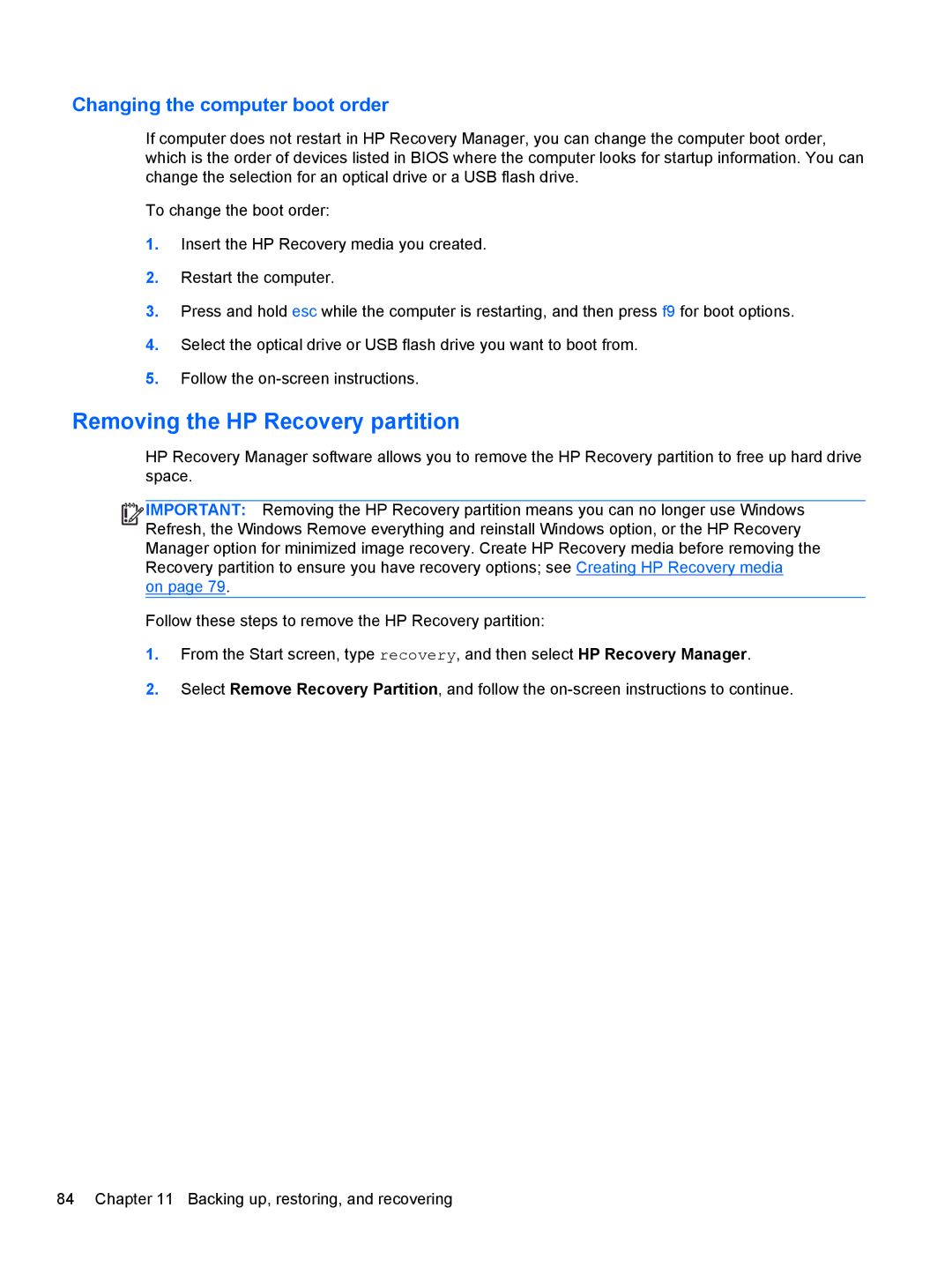 HP C2M17UA#ABA, C7S02UA#ABA, C2L36UA#ABA manual Removing the HP Recovery partition, Changing the computer boot order 