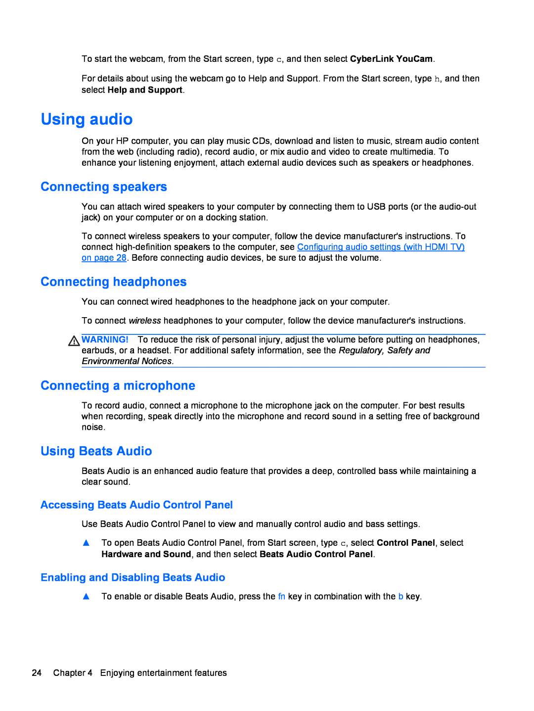HP C2M17UA#ABA manual Using audio, Connecting speakers, Connecting headphones, Connecting a microphone, Using Beats Audio 