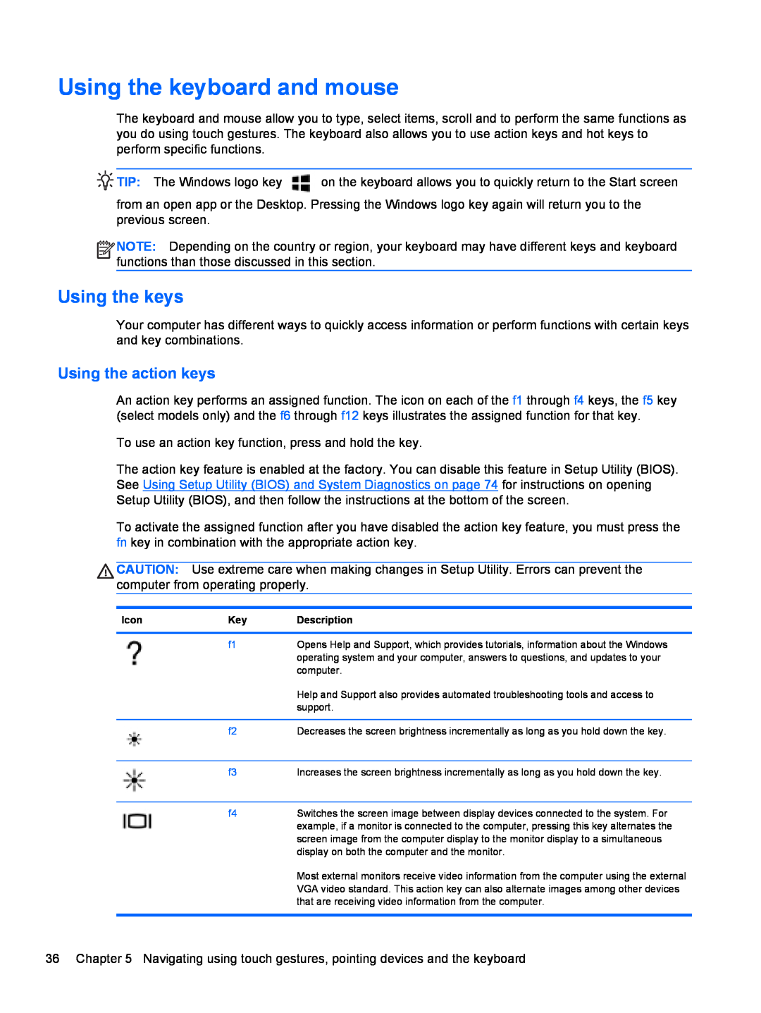 HP C2M17UA#ABA, C7S02UA#ABA, C2L36UA#ABA manual Using the keyboard and mouse, Using the keys, Using the action keys 