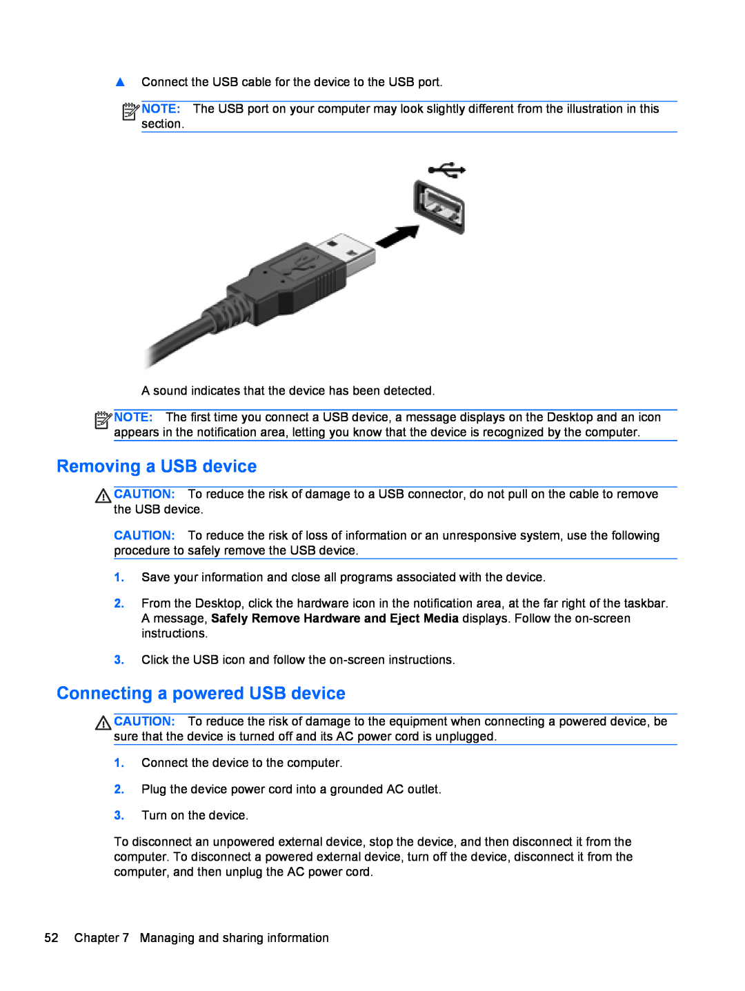 HP C2L36UA#ABA, C7S02UA#ABA, C2M17UA#ABA manual Removing a USB device, Connecting a powered USB device 