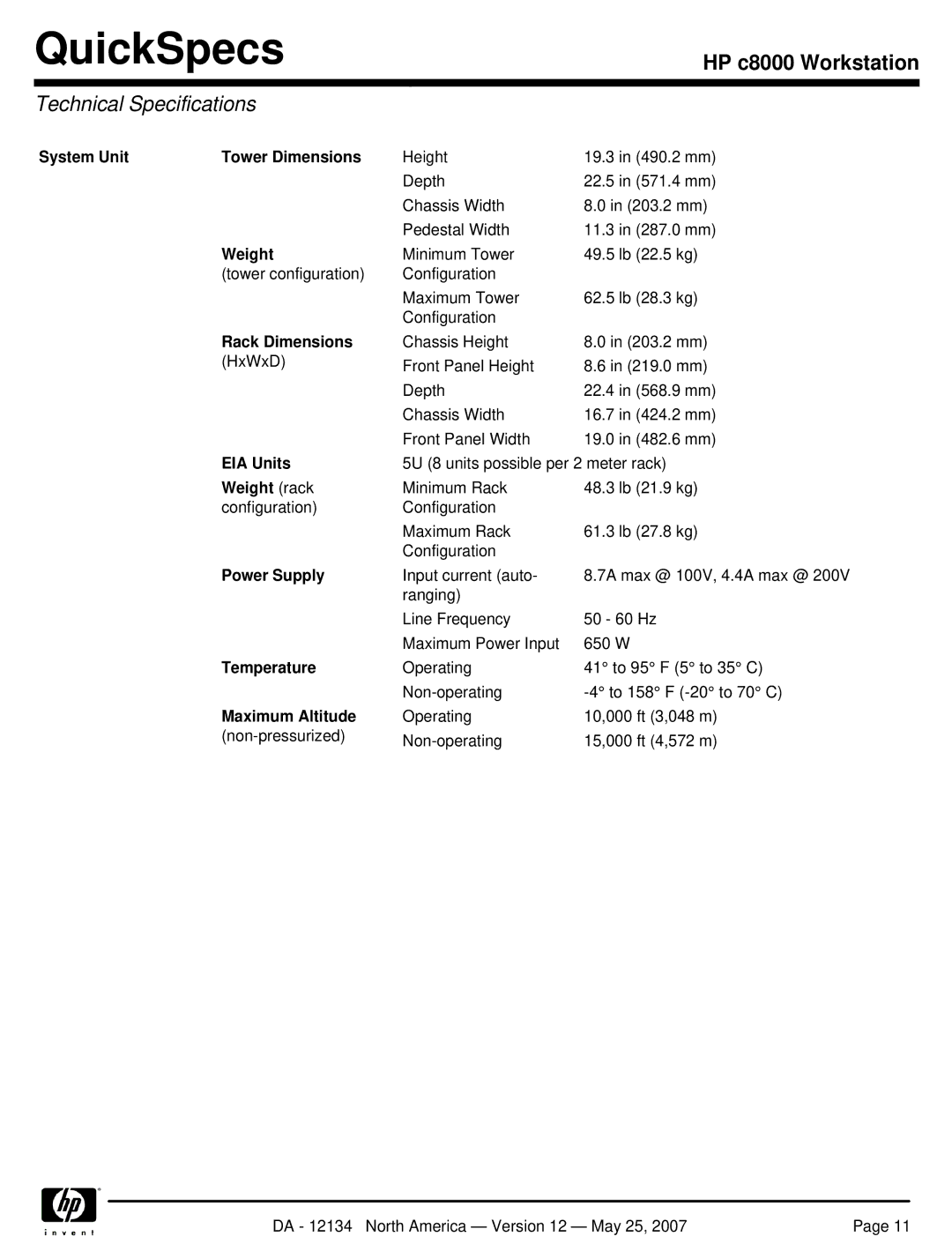 HP c8000 manual Technical Specifications 